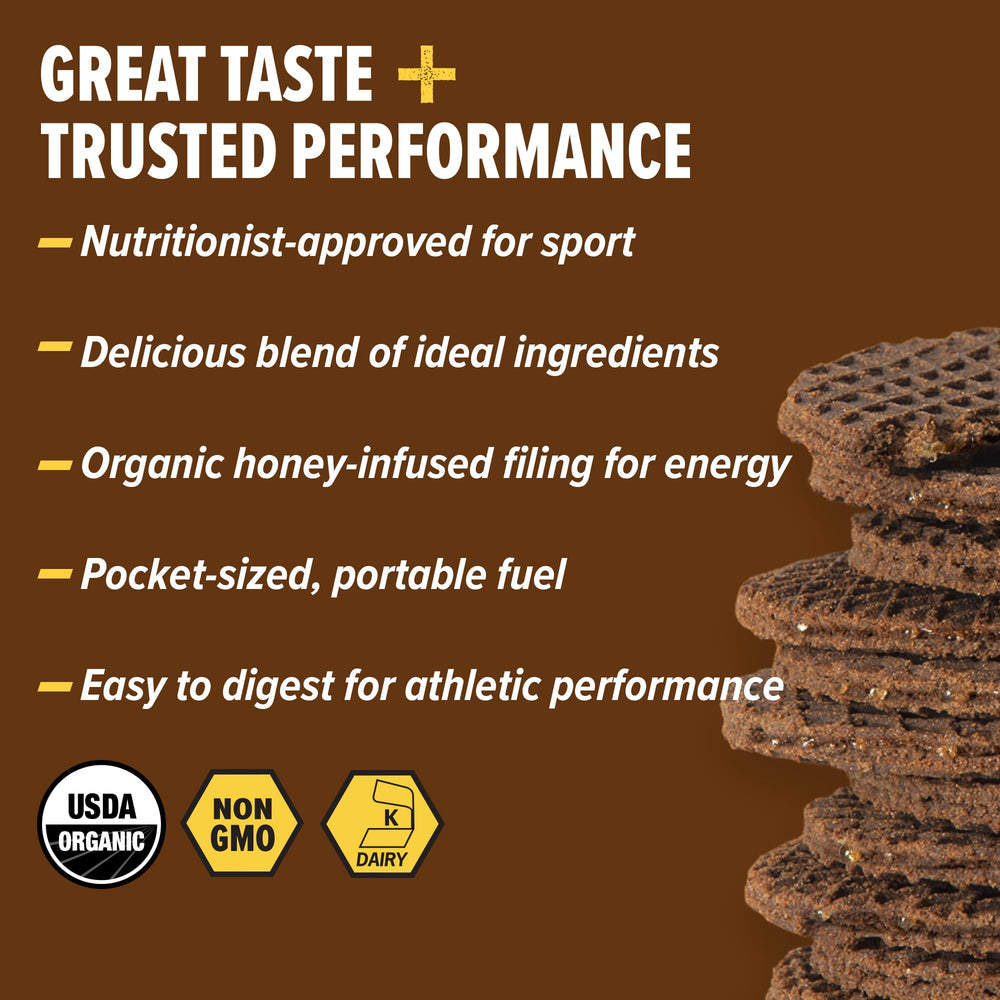 Honey Stinger waffle cross-section showing honey-cocoa filling and quick-fuel benefit