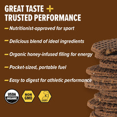 Honey Stinger waffle cross-section showing honey-cocoa filling and quick-fuel benefit