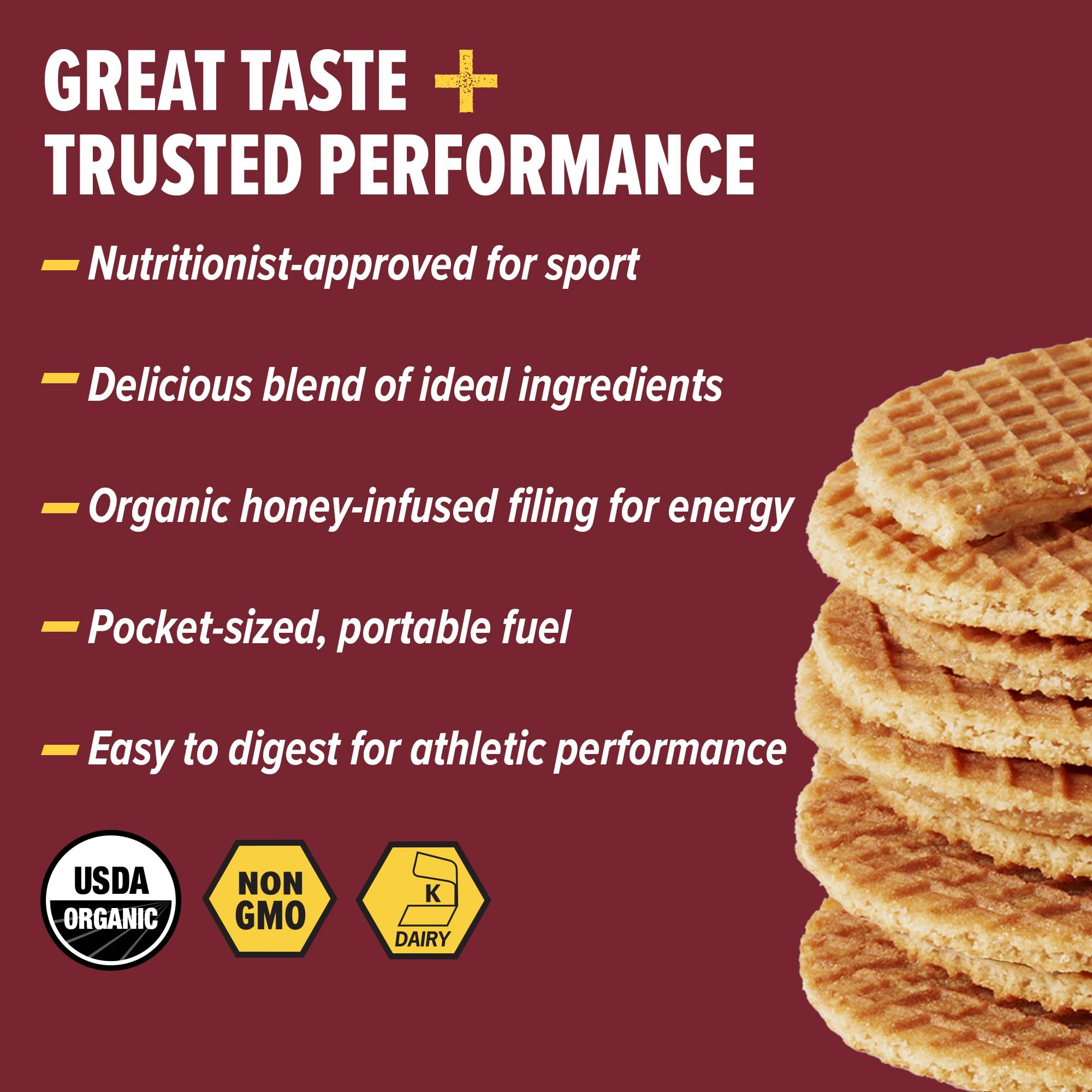 Honey Stinger close-up of waffle surface highlighting crisp texture benefit