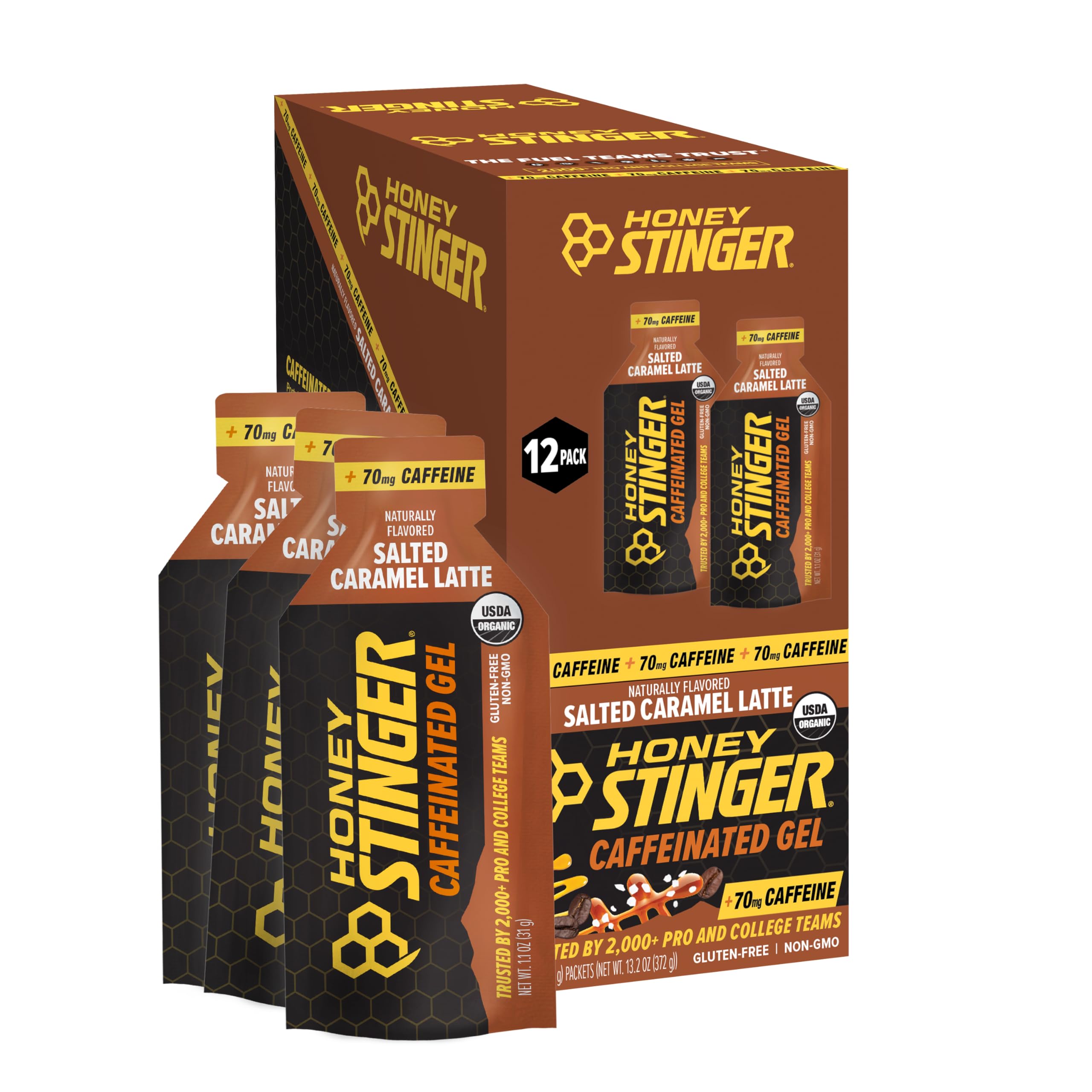 Honey Stinger front packaging showing 12-pack and flavor benefits