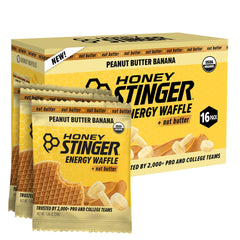 Honey Stinger front packaging showing organic peanut butter banana waffles and benefits