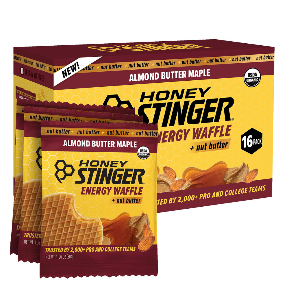 Honey Stinger front packaging showing organic waffles and brand benefits