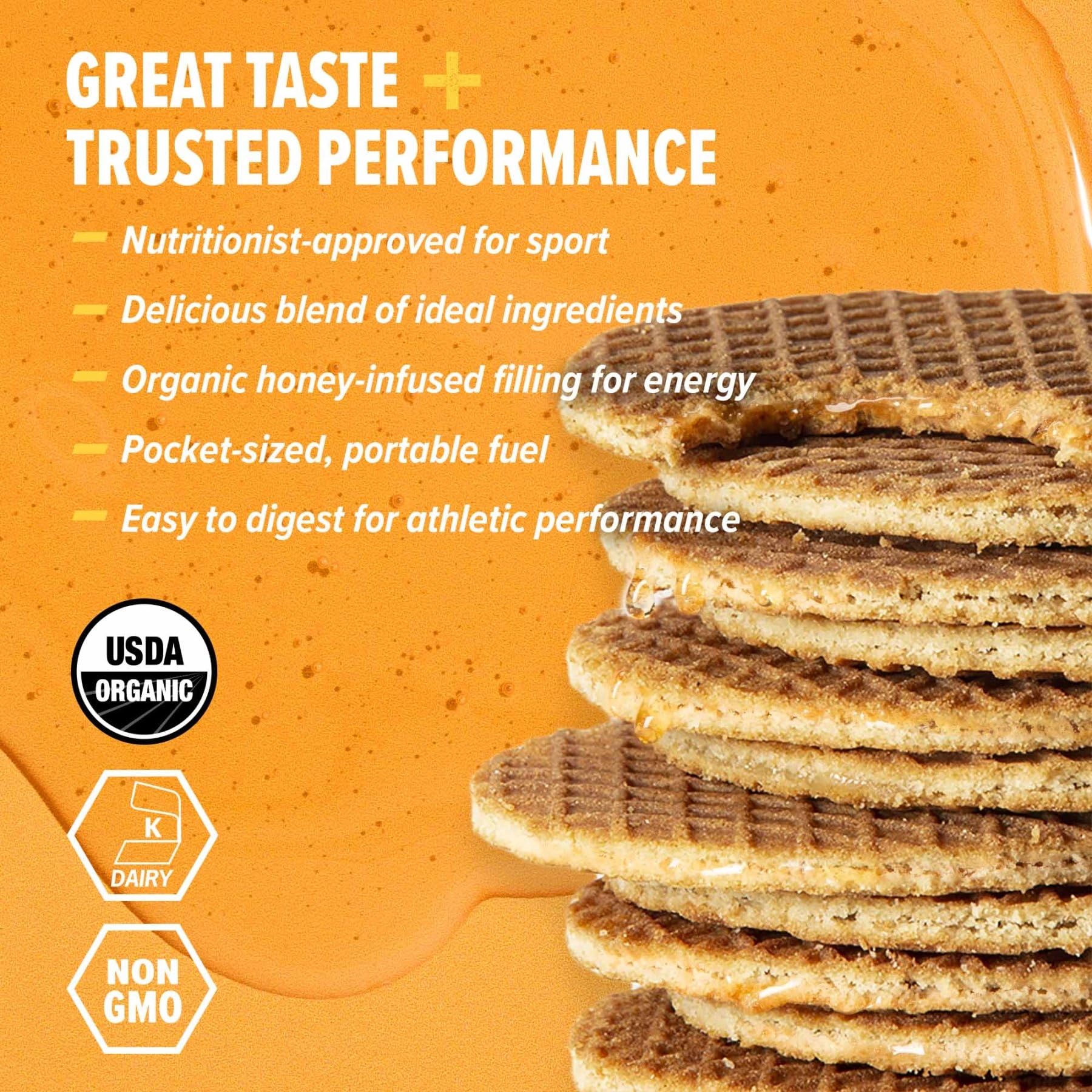 Honey Stinger waffle cross-section highlighting honey-infused filling and fast carbs
