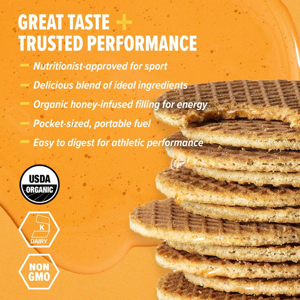 Honey Stinger waffle cross-section highlighting honey-infused filling and fast carbs