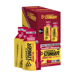 Honey Stinger front packet showing organic raspberry lemonade flavor and clear labeling benefit