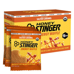 Honey Stinger front packaging showing salted caramel waffles and organic label, appealing snack fuel