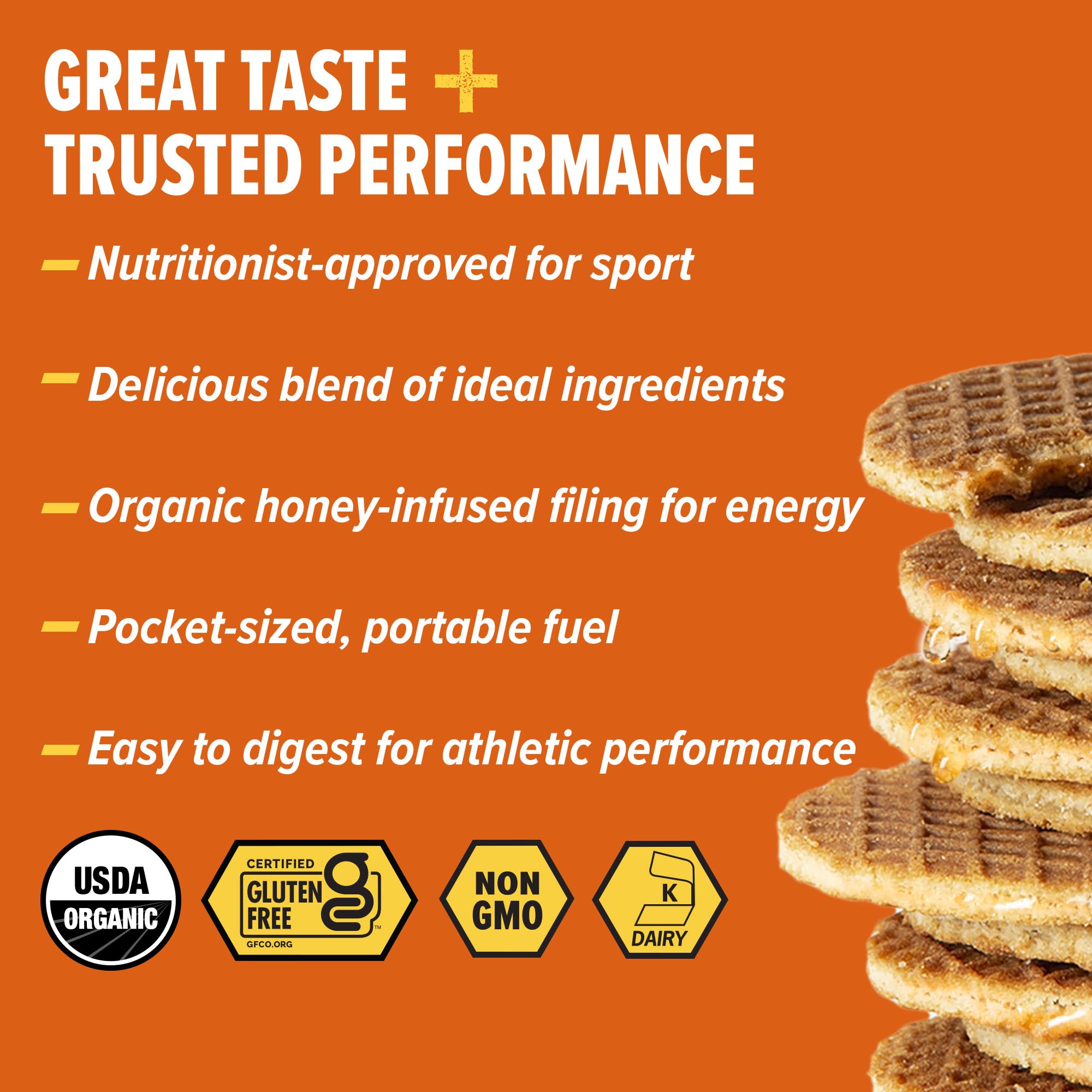 Honey Stinger single salted caramel waffle close-up showing crisp edges and caramel center for quick energy