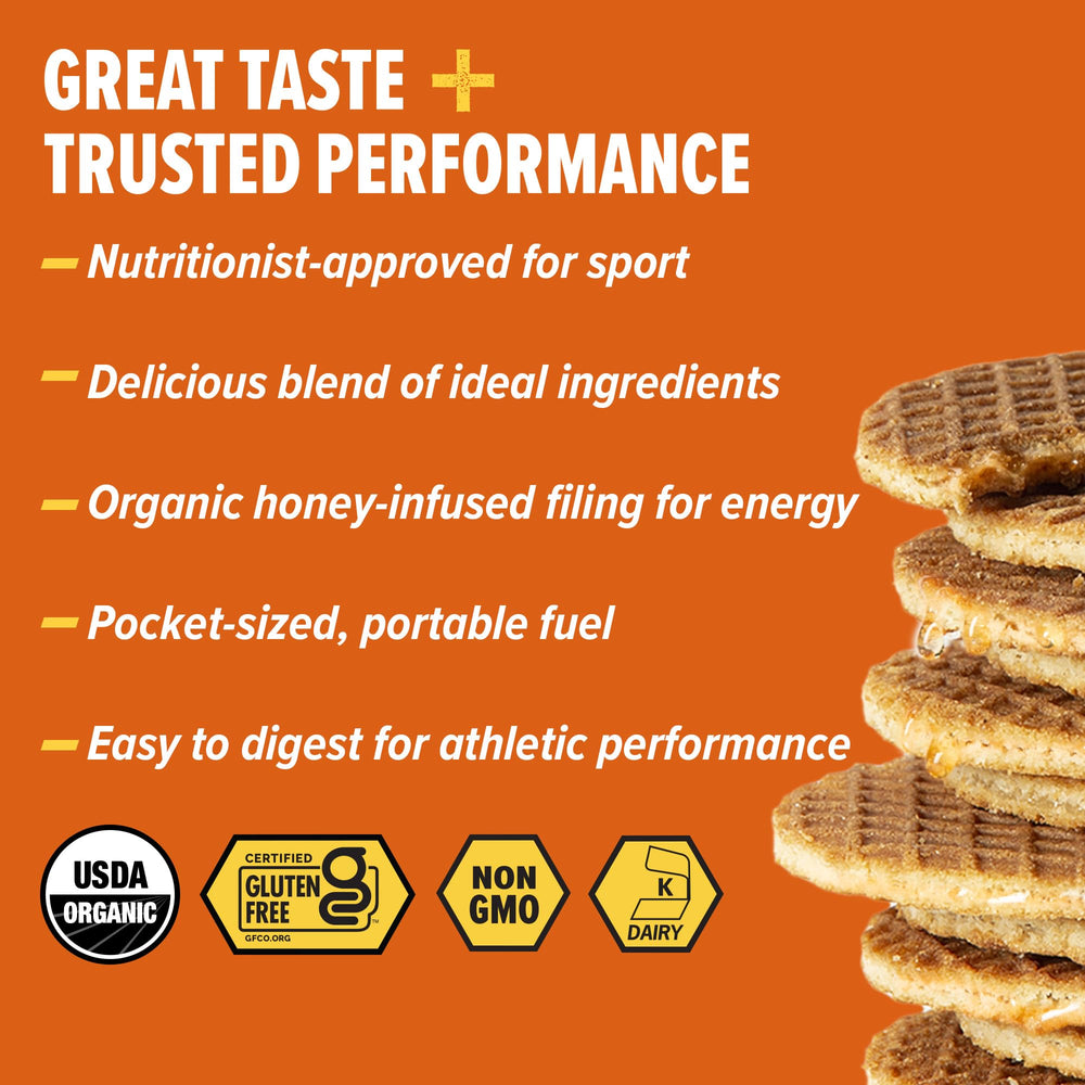 Honey Stinger single salted caramel waffle close-up showing crisp edges and caramel center for quick energy