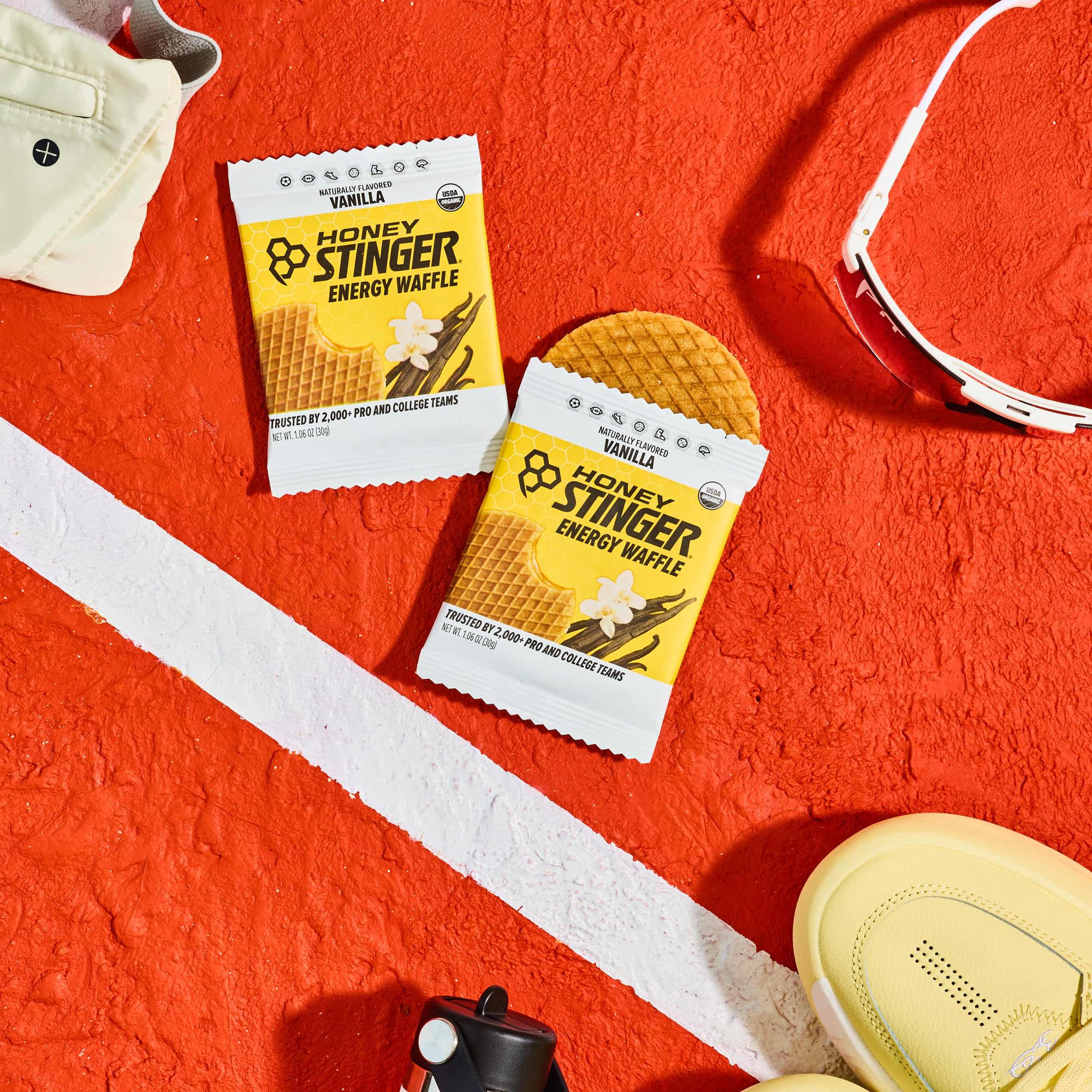 Honey Stinger waffle on a running trail demonstrating portable energy