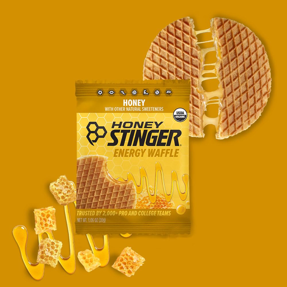 Honey Stinger waffle texture detail showing thin waffle crunch and easy digestion benefit