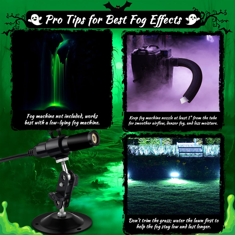 HoneyFair projector installed in yard creating swampy green beams for immersive Halloween atmosphere
