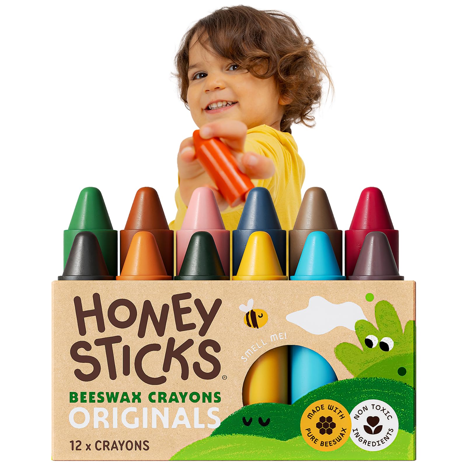 Honeysticks front packaging showing 12-color toddler crayon set and benefits