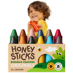 Honeysticks front packaging showing 12-color toddler crayon set and benefits