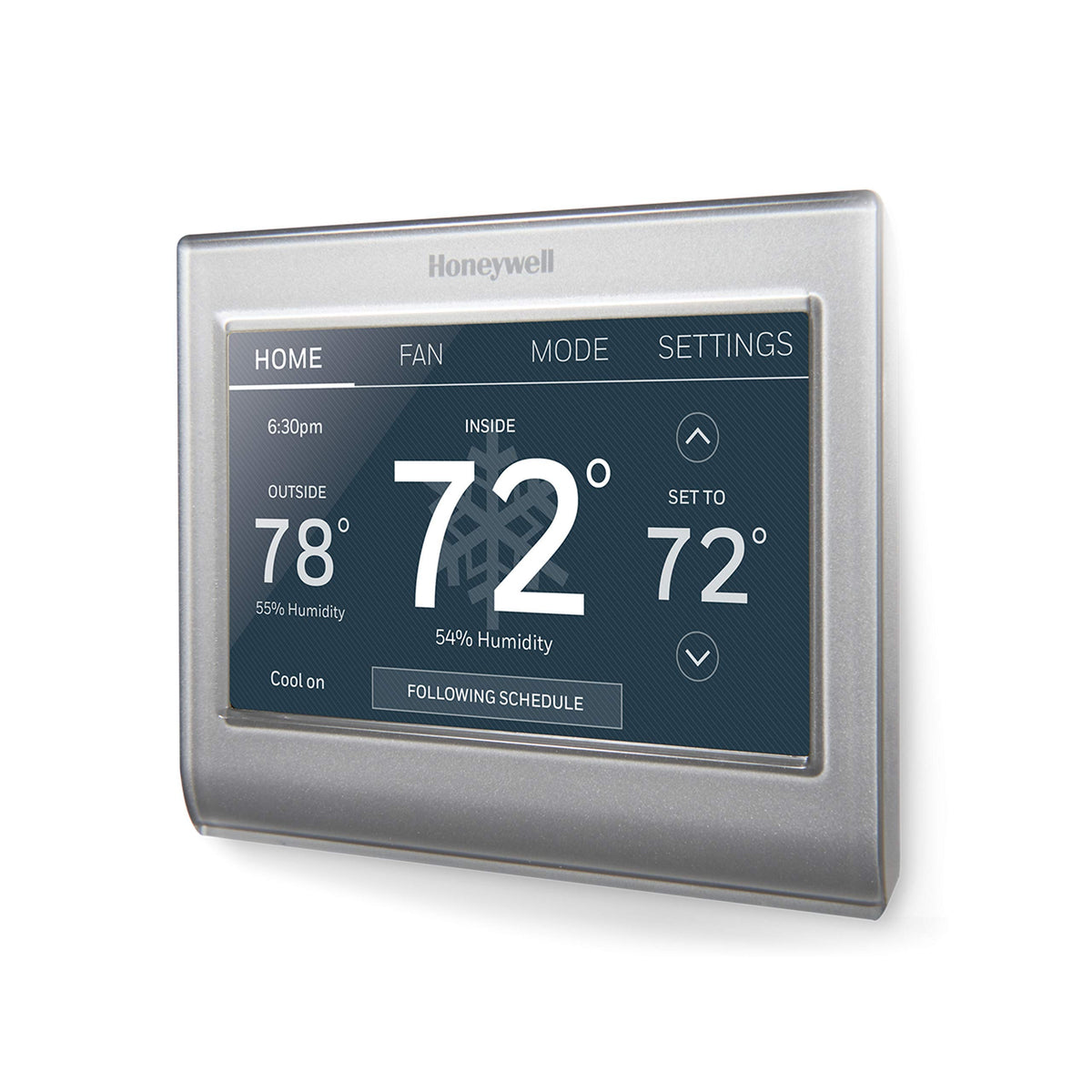 Honeywell Home front touchscreen displaying color and easy controls for quick adjustments