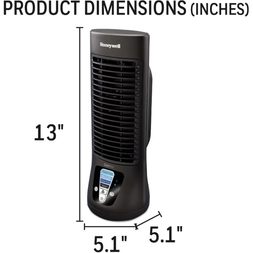 Honeywell HTF210B controls close-up with QuietSet dial for customizable quiet airflow