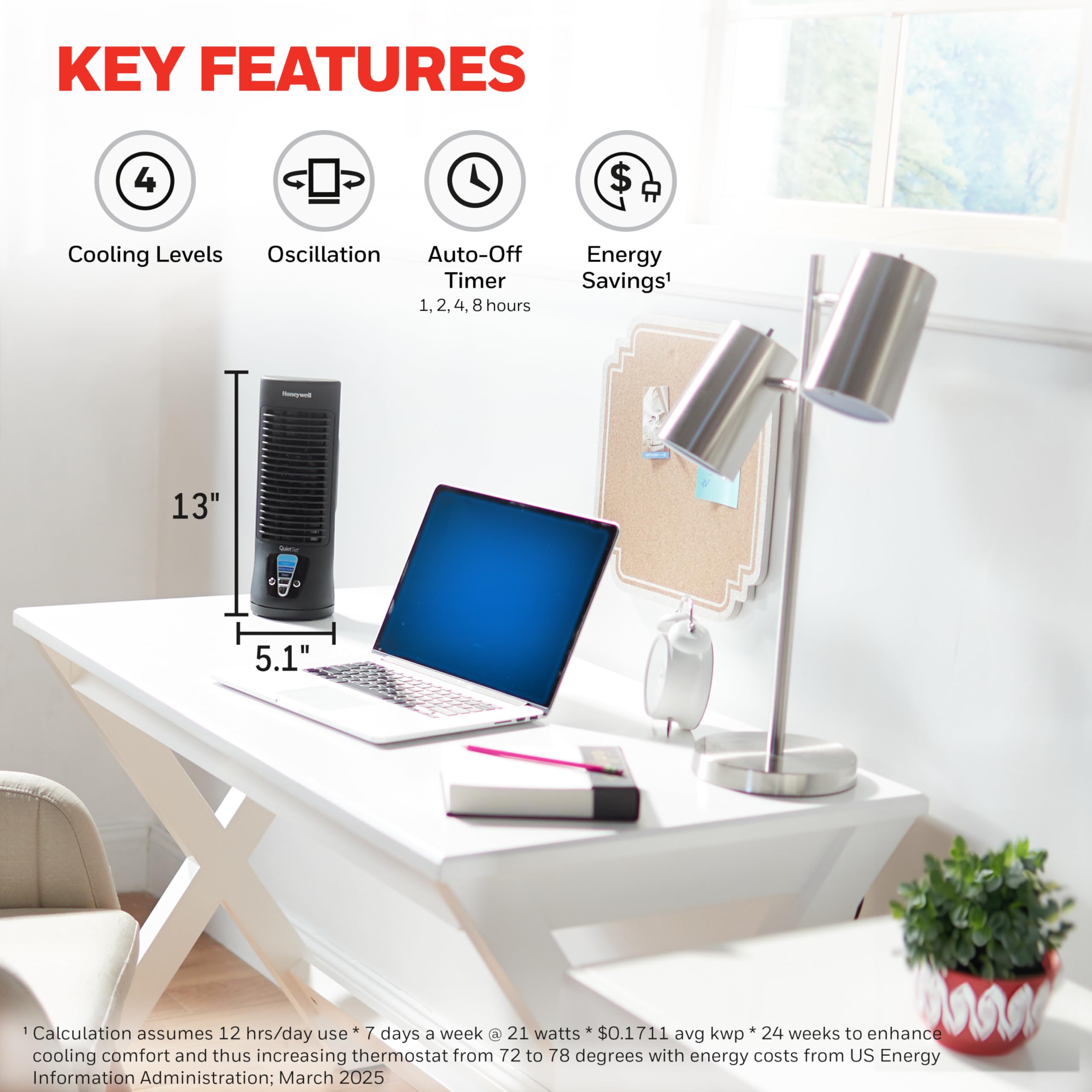 Honeywell HTF210B placed on nightstand showing quiet bedside cooling benefit
