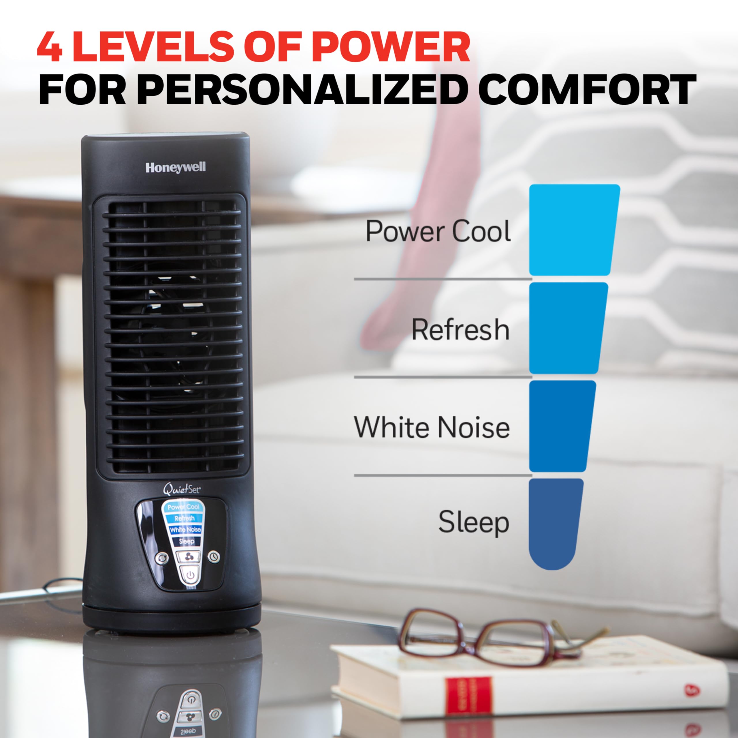 Honeywell HTF210B oscillating action demonstrating wider air coverage and comfort