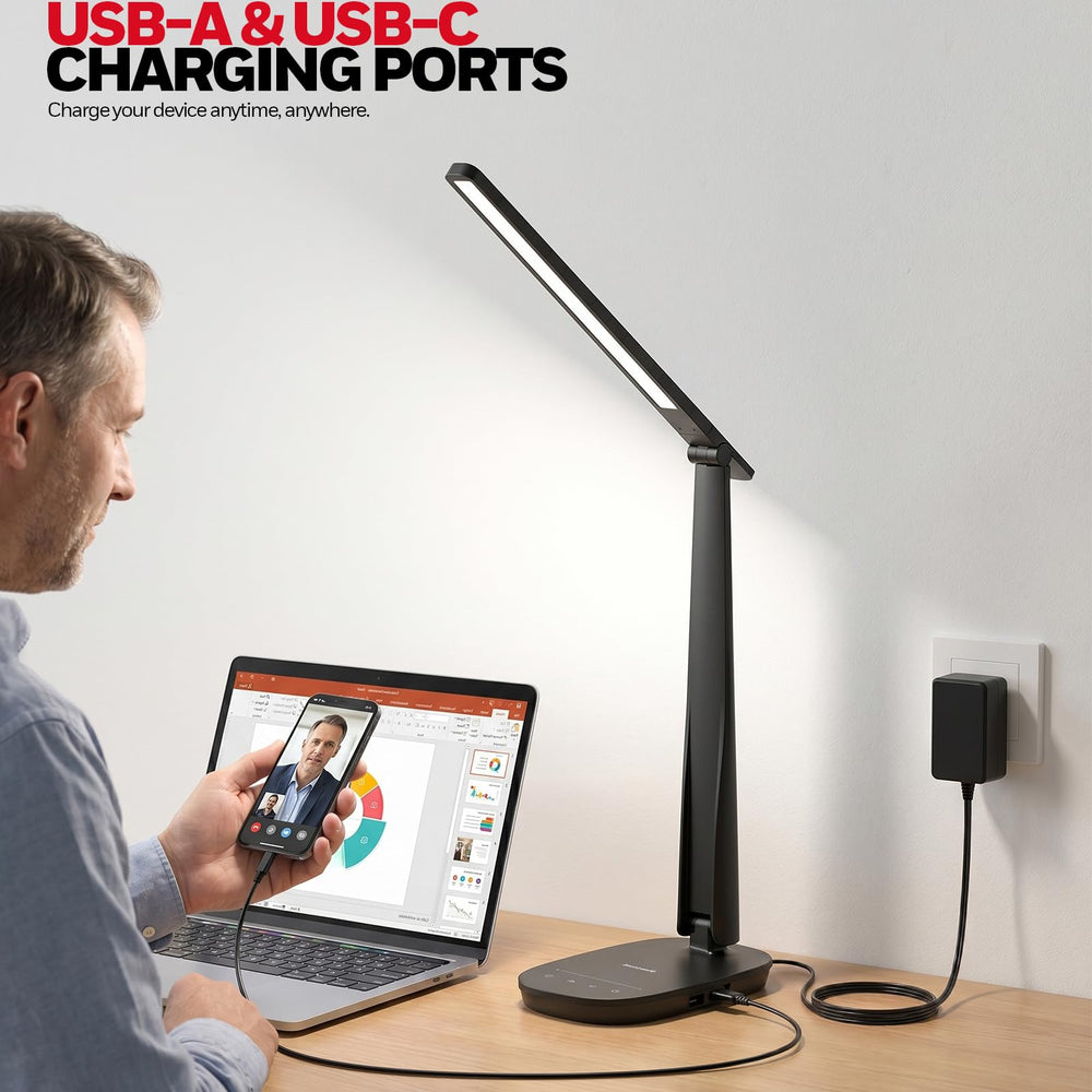 Honeywell lamp in use on a home office desk providing balanced full-spectrum task lighting
