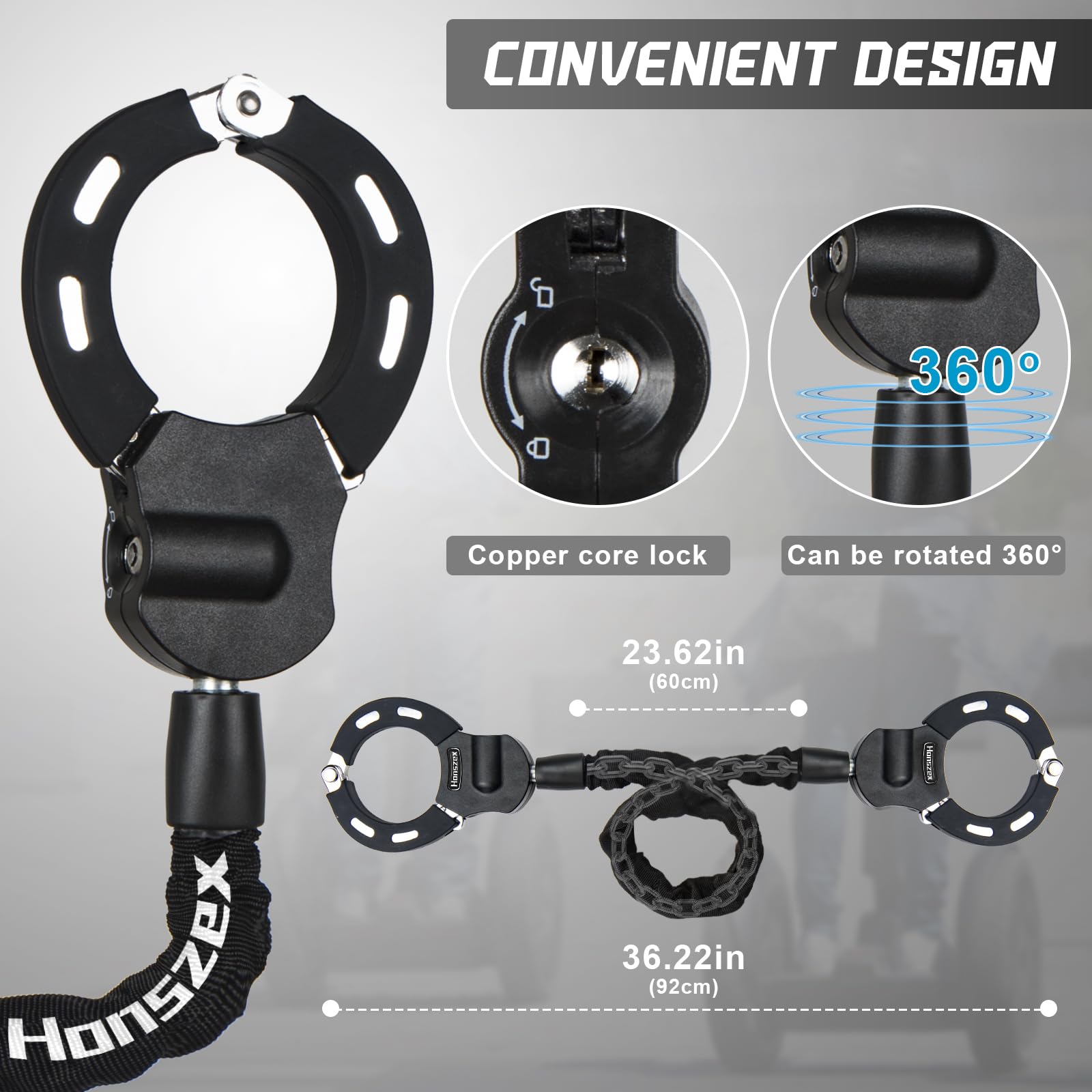 Honszex lock next to ruler showing 92 cm total length and usable reach