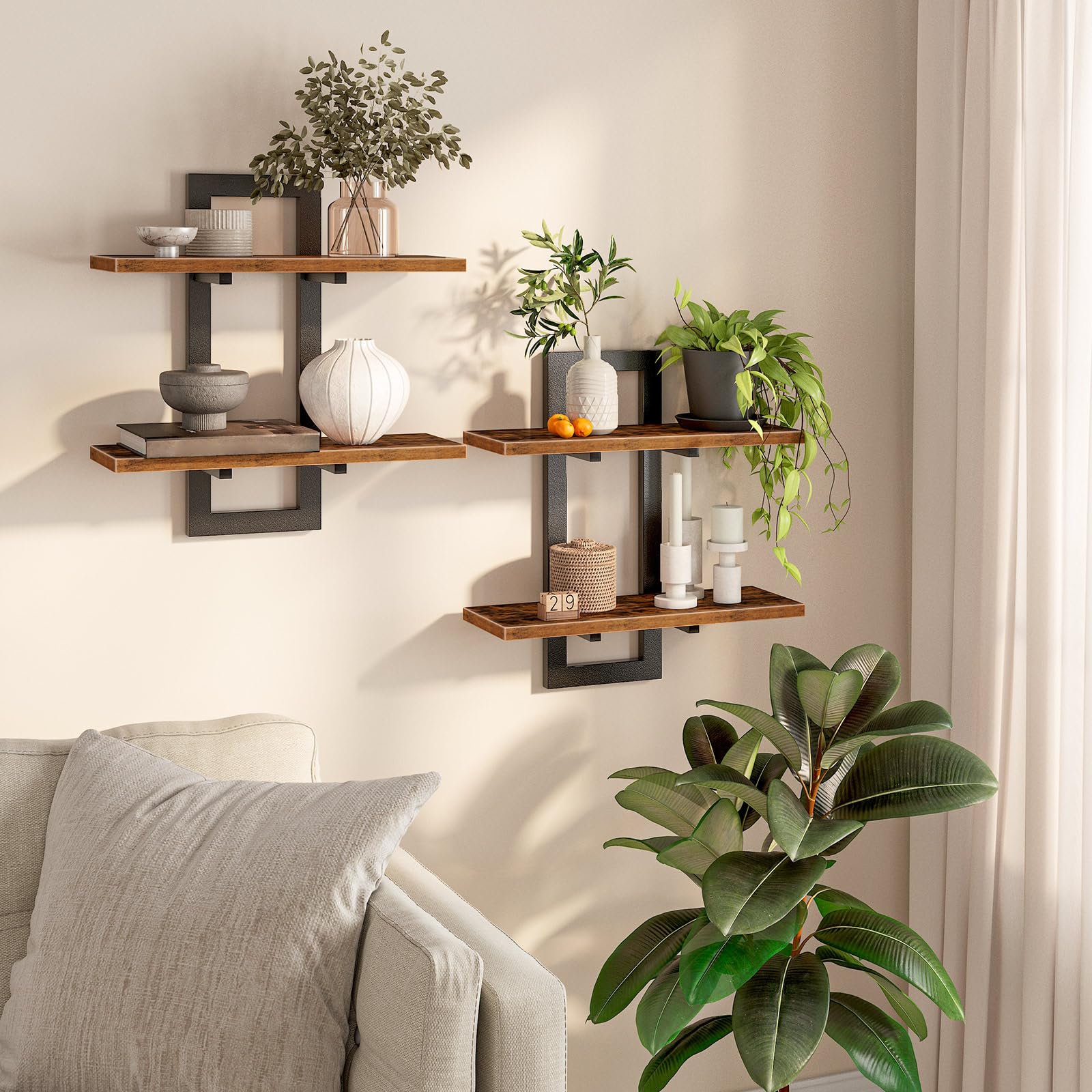 HOOBRO front view of floating shelves showing rustic brown finish and black frame benefit storage