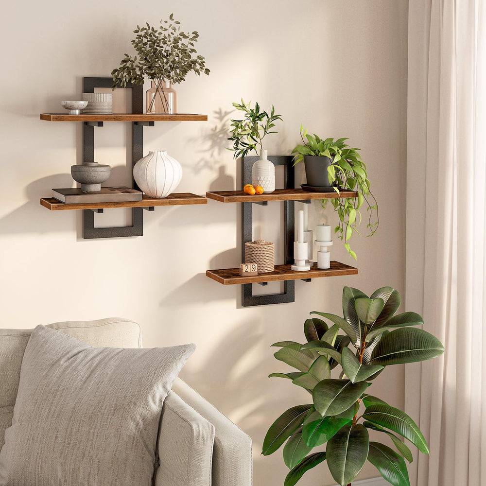 HOOBRO front view of floating shelves showing rustic brown finish and black frame benefit storage