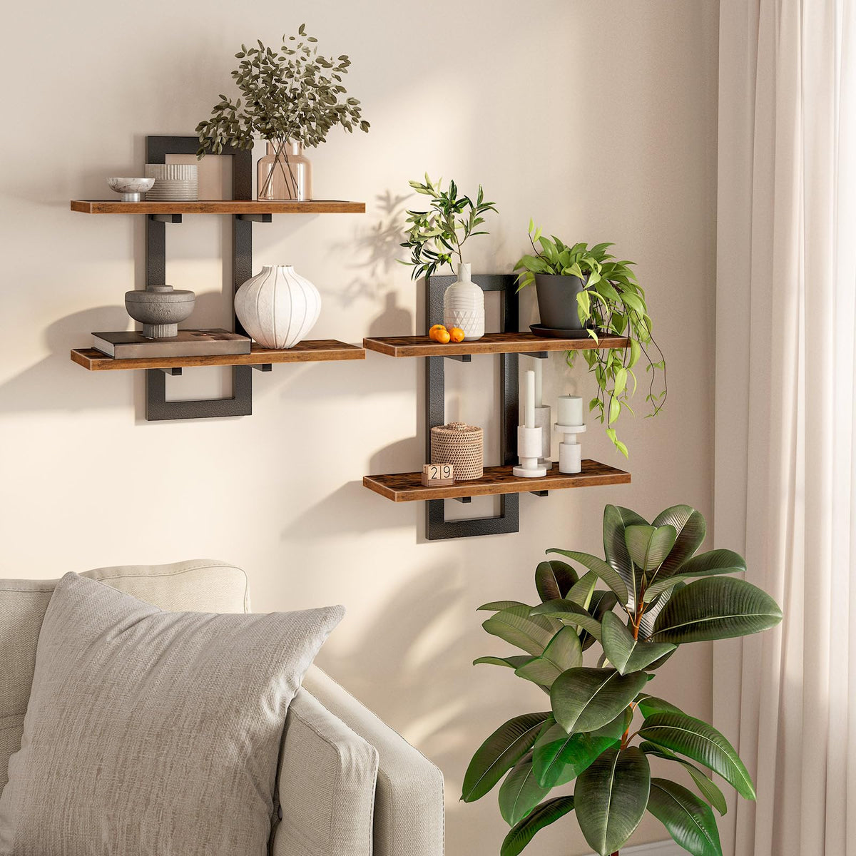 HOOBRO front view of floating shelves showing rustic brown finish and black frame benefit storage