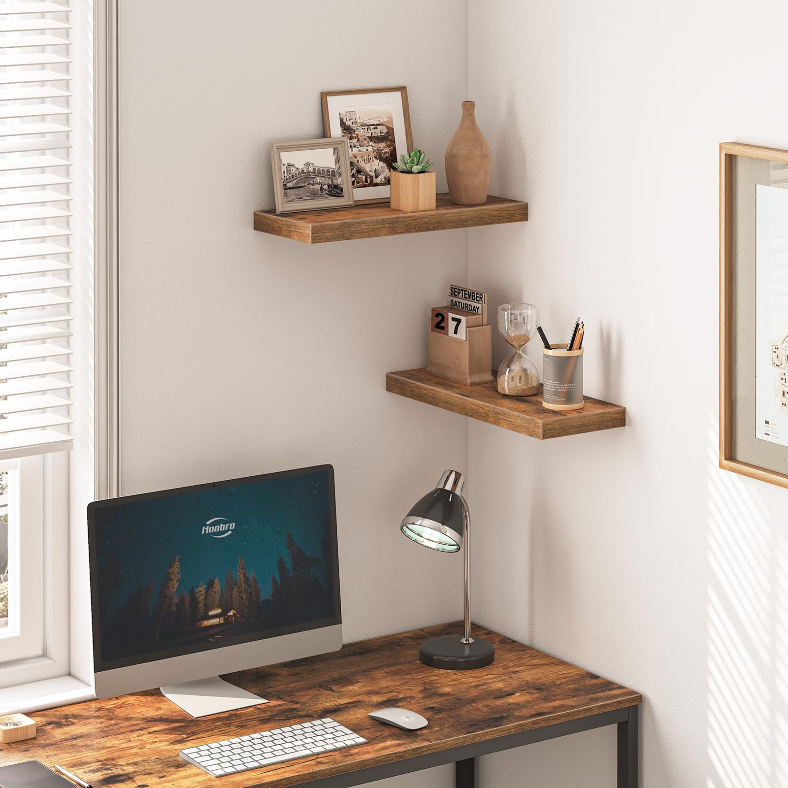 HOOBRO multiple shelves arranged ladder-style to suggest customizable layout options