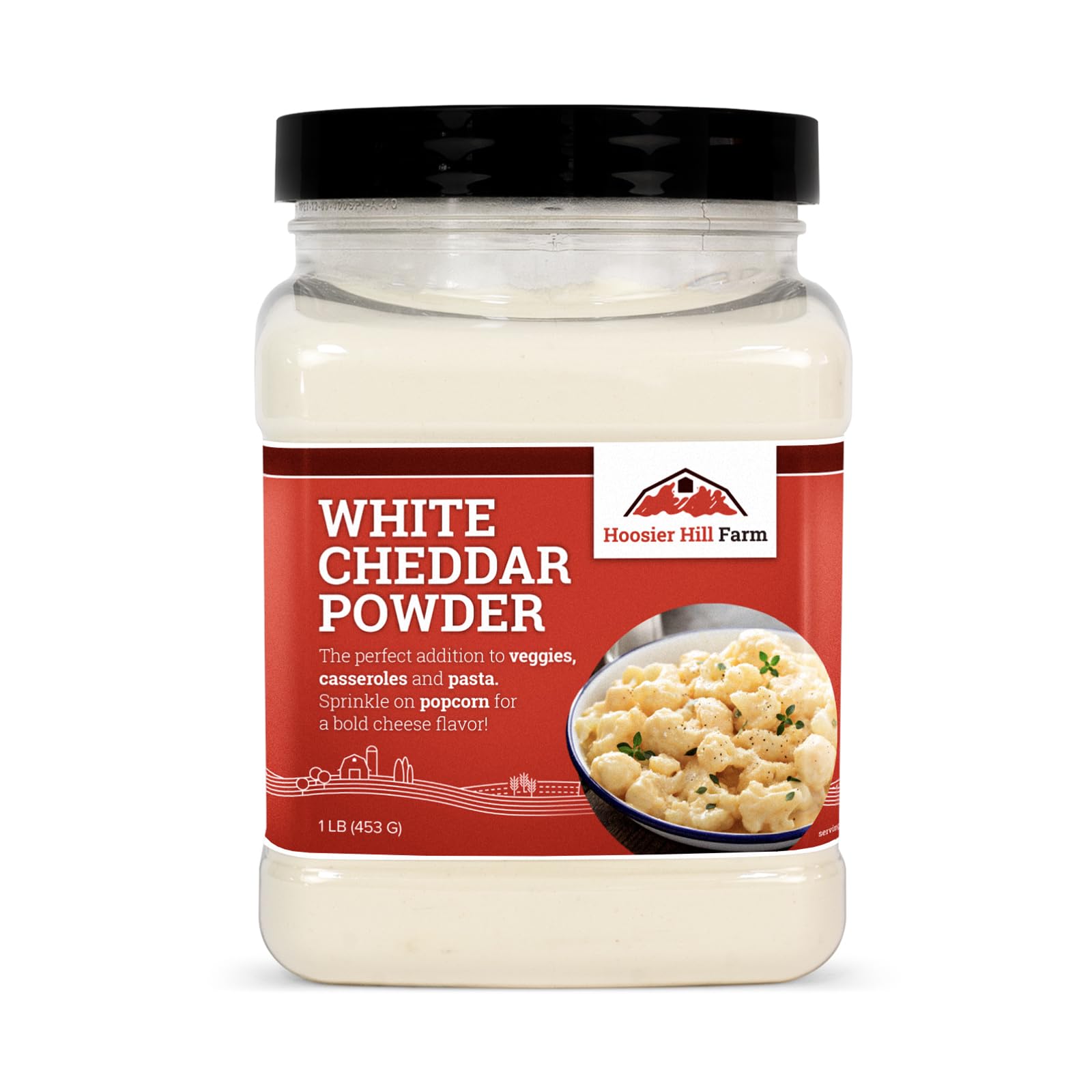 Hoosier Hill Farm front of 1 lb white cheddar cheese powder package showing label and size benefit