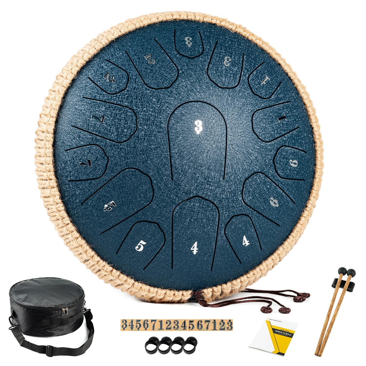 HOPWELL front view navy blue drum showing 15-note layout and portability
