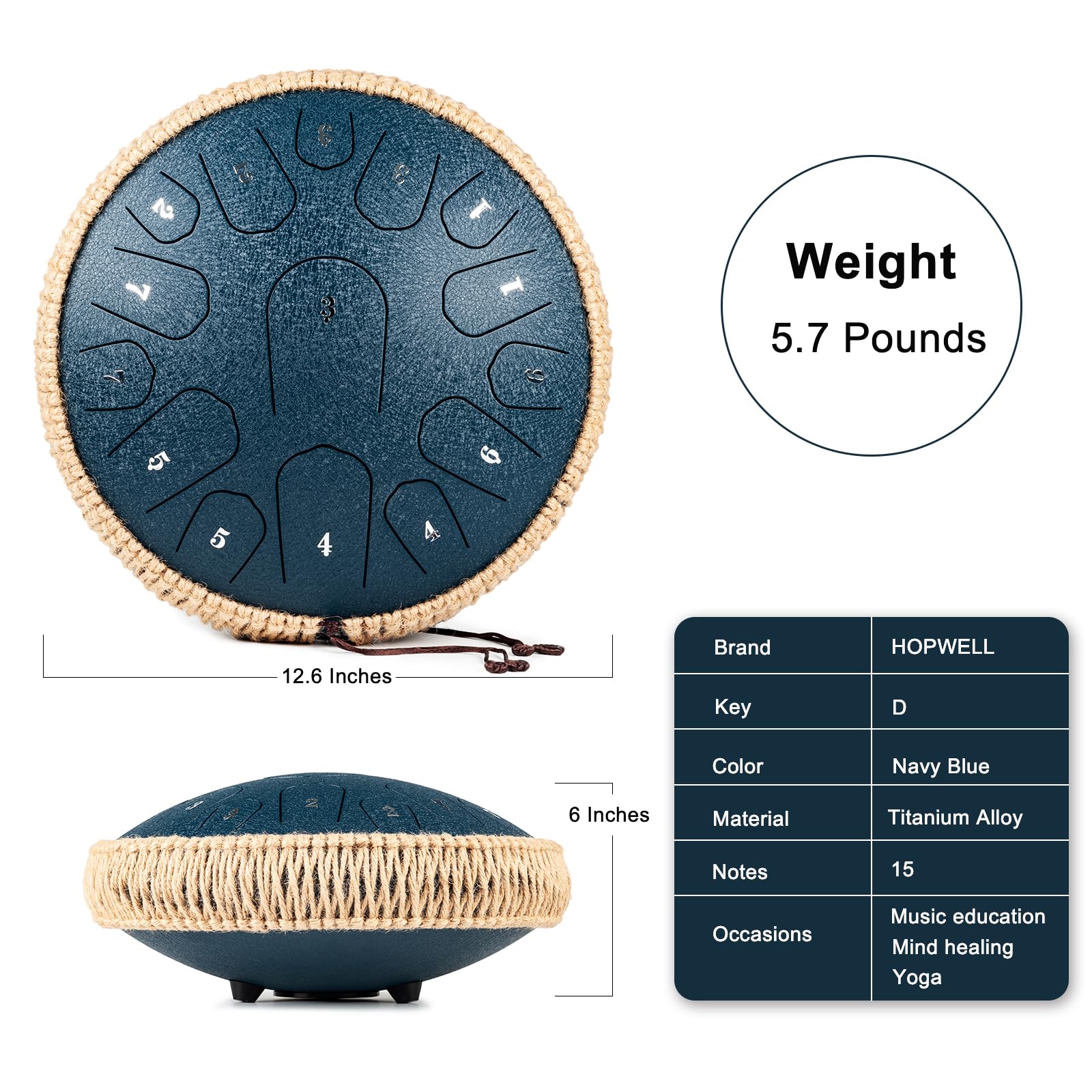 HOPWELL drum beside a notebook to show 13-inch scale and transportability