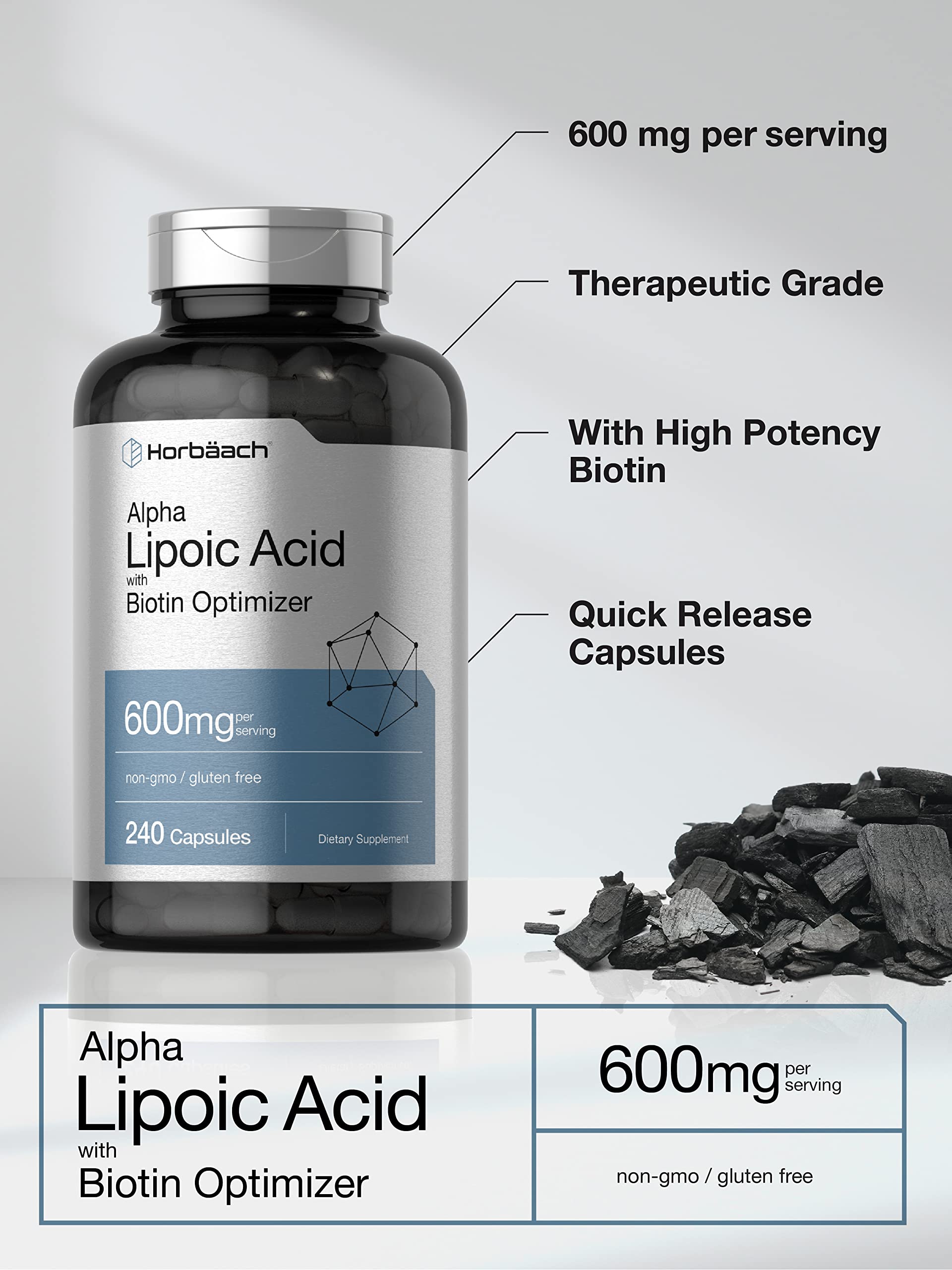 Horbäach label detail showing ALA 600mg and biotin amounts for transparency