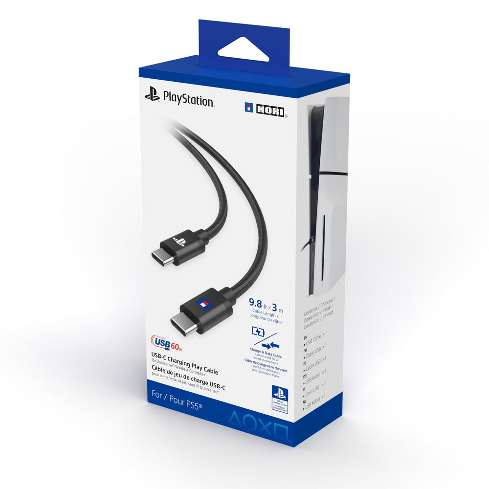 HORI front connector showing USB-C to USB-C plug and durable metal housing for reliable charging
