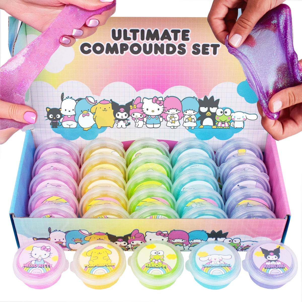 Horizon Group USA front packaging showing 25 Hello Kitty slime jars and colorful display benefit: easy party distribution