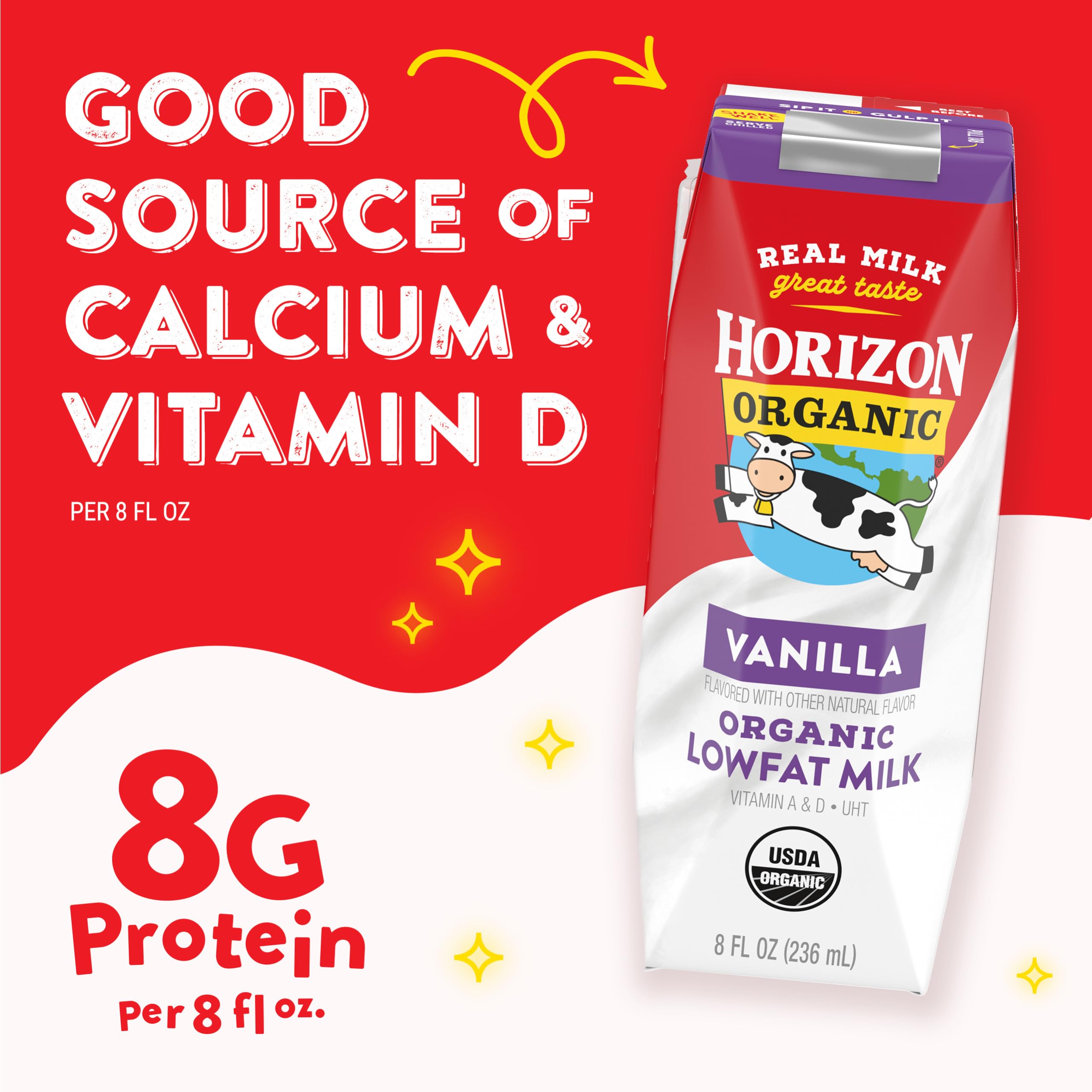 Stacked Horizon Organic cartons in pantry illustrating long shelf stability
