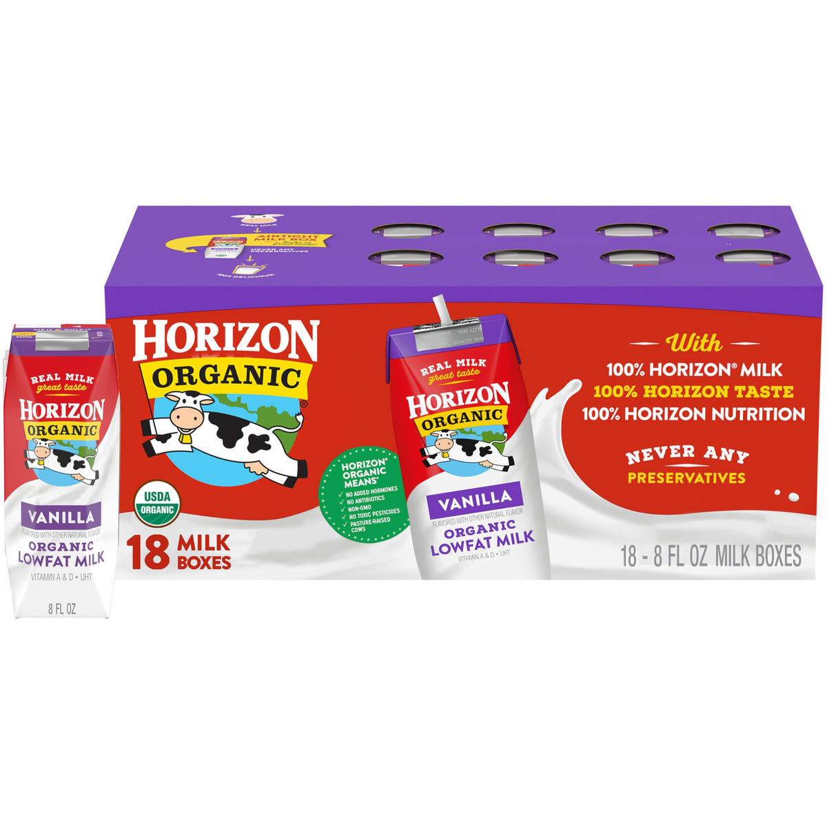 Horizon Organic front packaging showing 18-count convenience and organic benefit