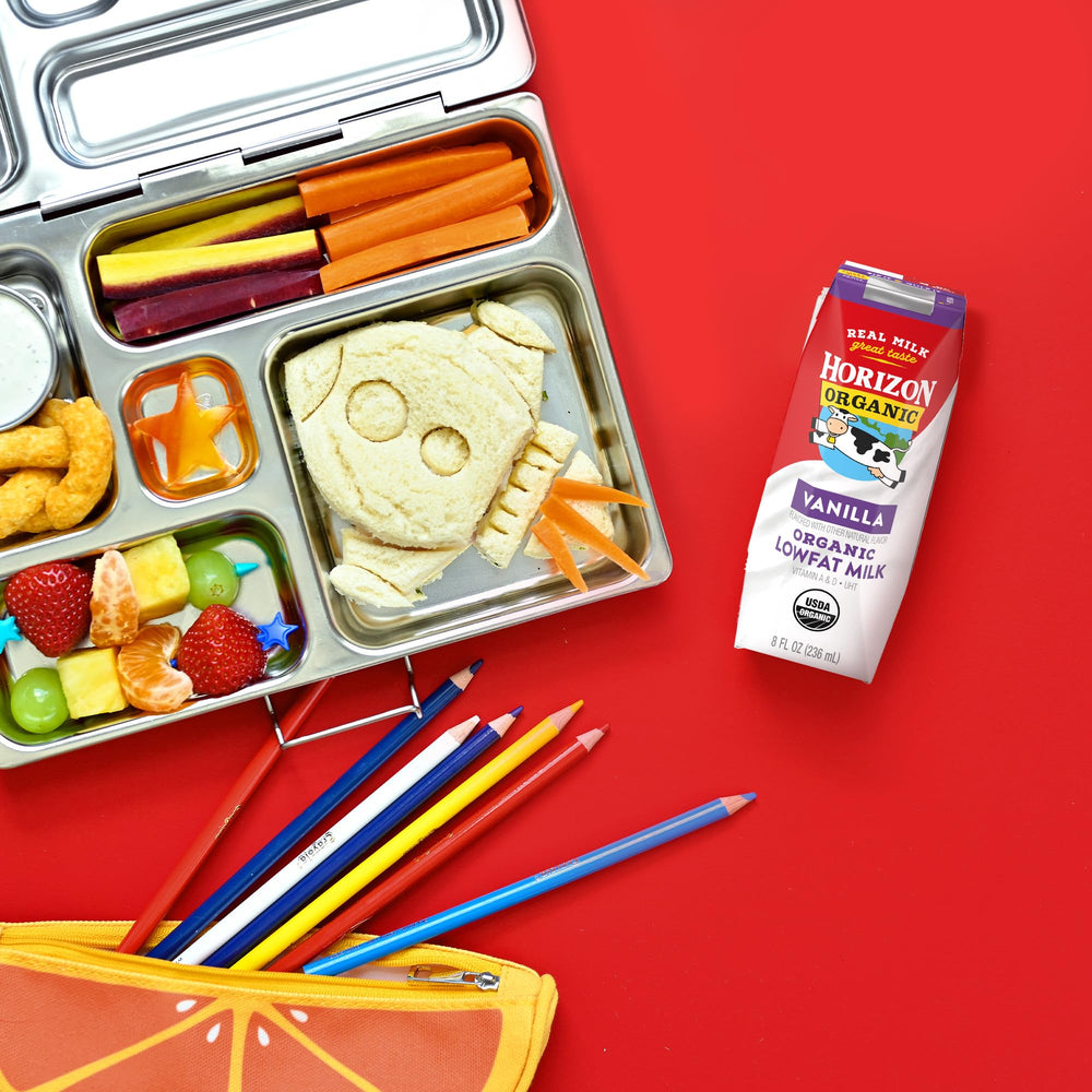 Horizon Organic single carton closeup displaying vanilla flavor and grab‑and‑go ease