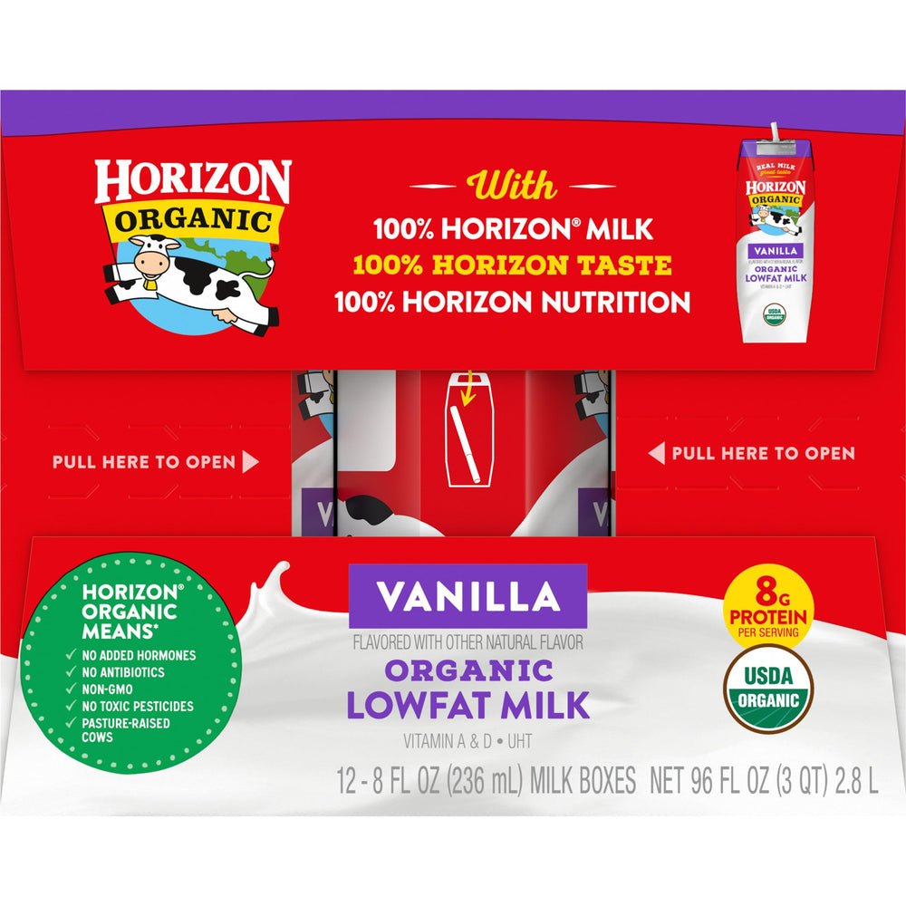 Horizon Organic size comparison with hand showing single-serve portability
