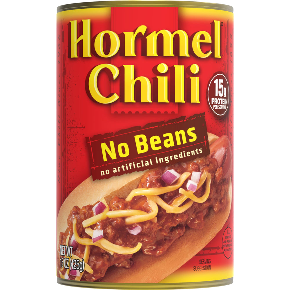 Hormel Chili front can showing brand and no-beans recipe for quick meals
