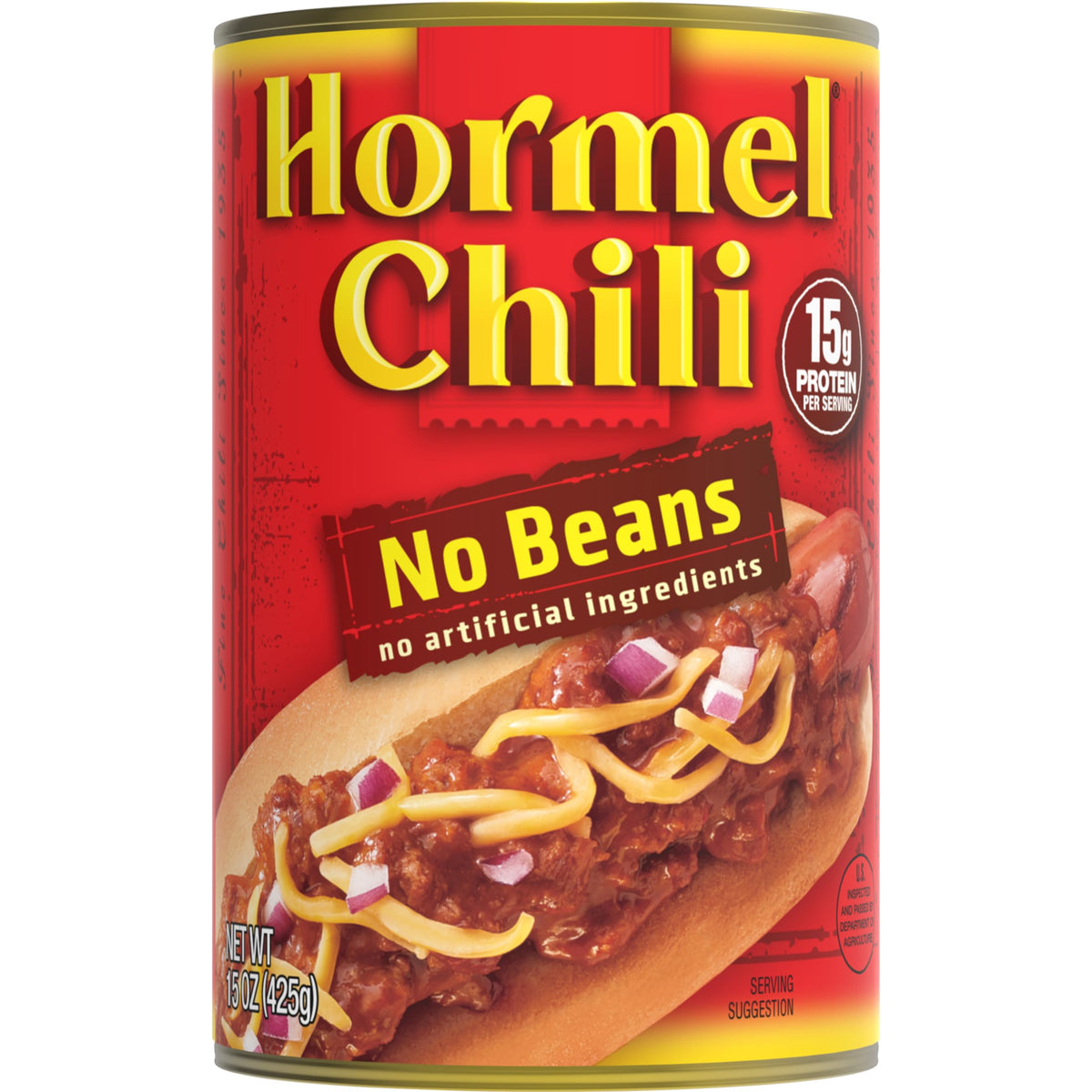 Hormel Chili front can showing brand and no-beans recipe for quick meals