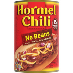 Hormel Chili front can showing brand and no-beans recipe for quick meals