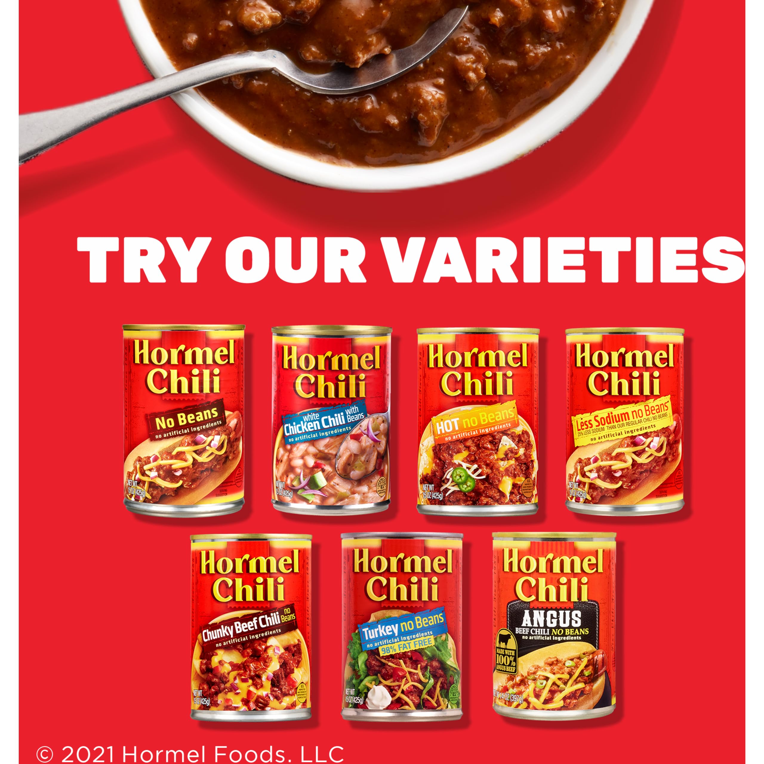 Pack of twelve Hormel Chili cans stored in pantry for bulk supply