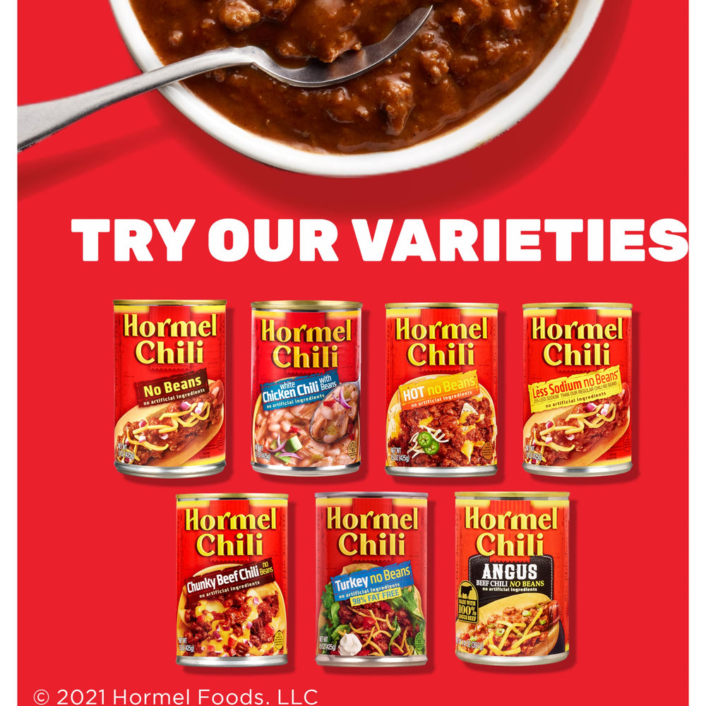 Pack of twelve Hormel Chili cans stored in pantry for bulk supply