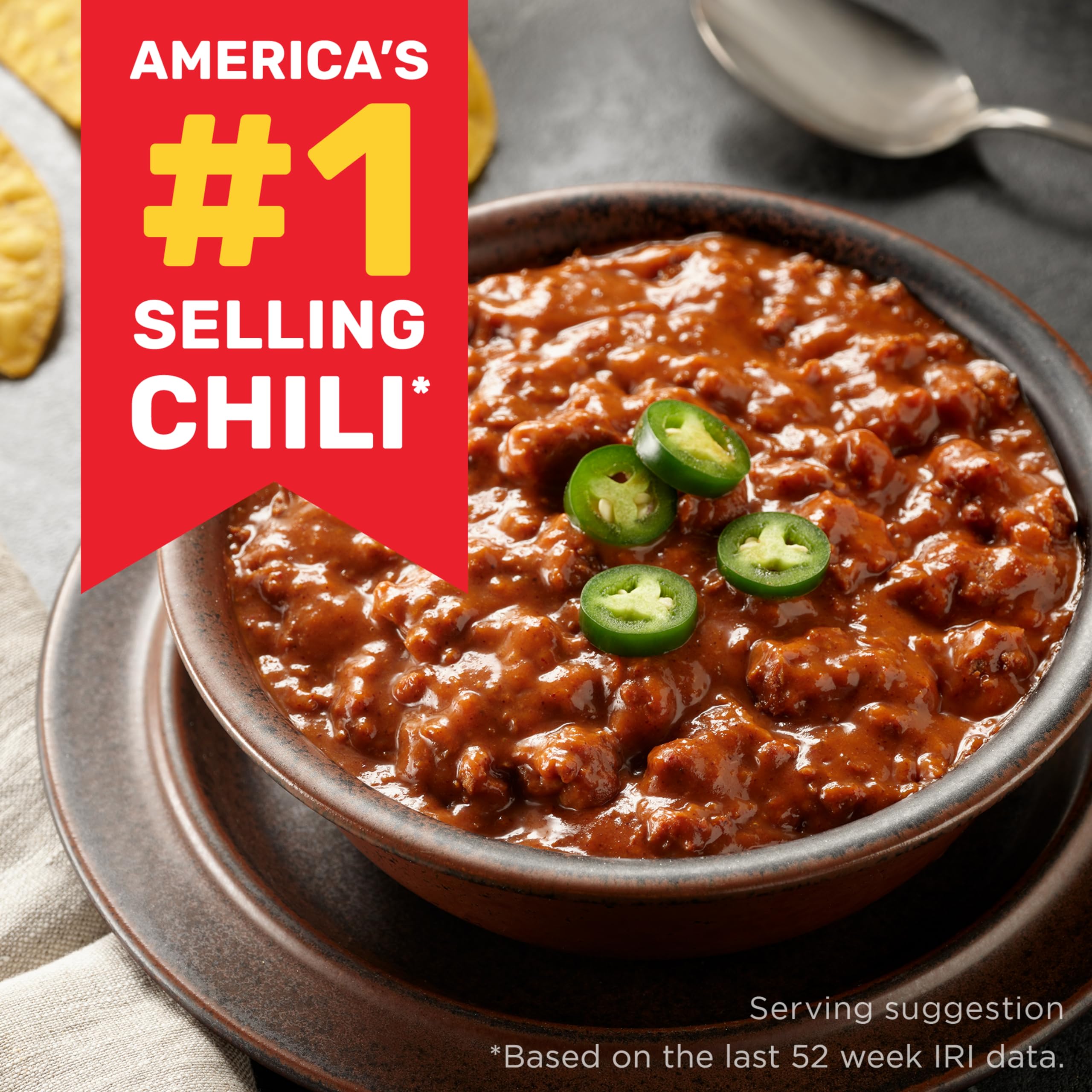Hand holding 15oz Hormel Chili can demonstrating portable size