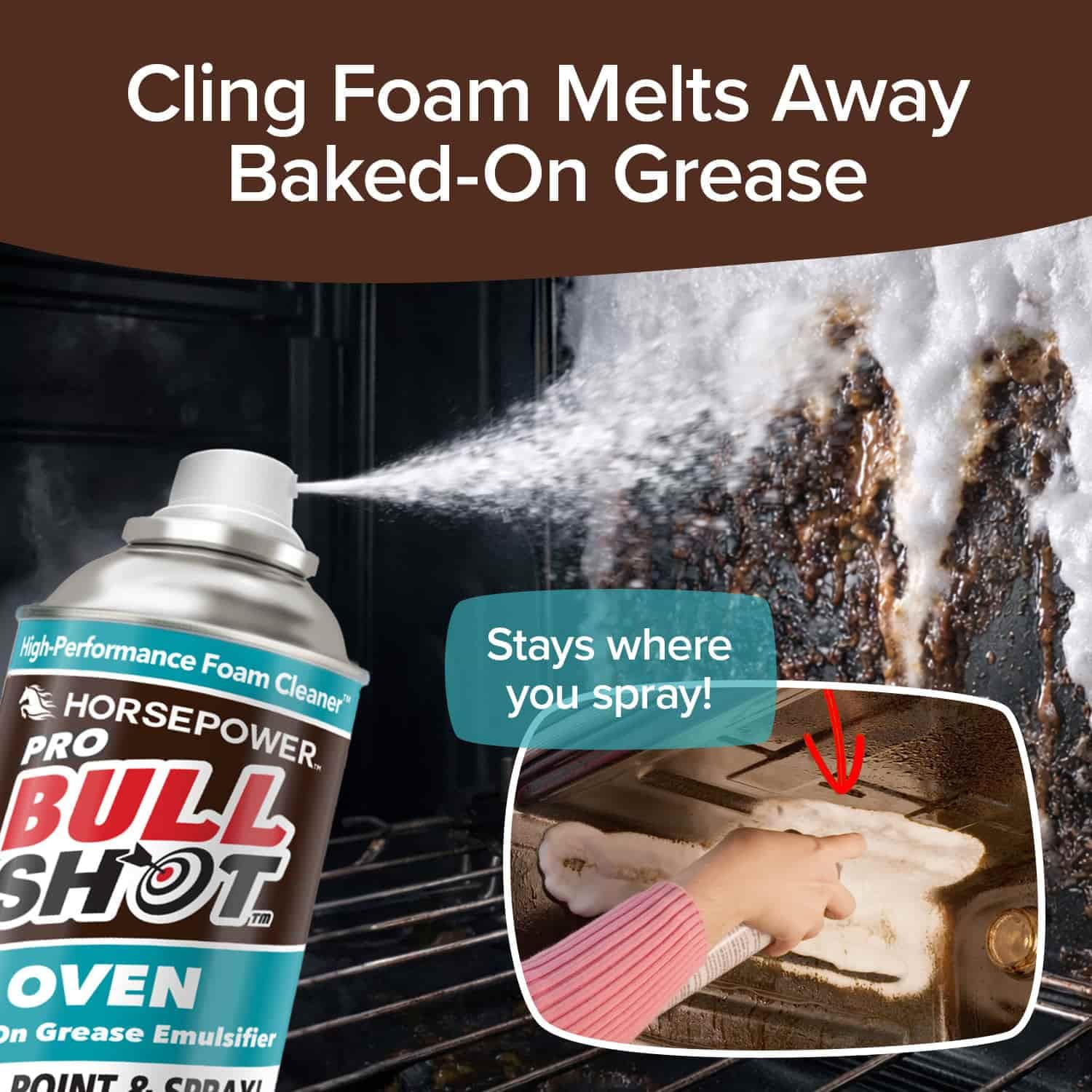 Horsepower foam close-up clinging to oven wall for effective grease breakdown
