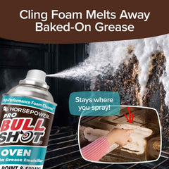 Horsepower foam close-up clinging to oven wall for effective grease breakdown
