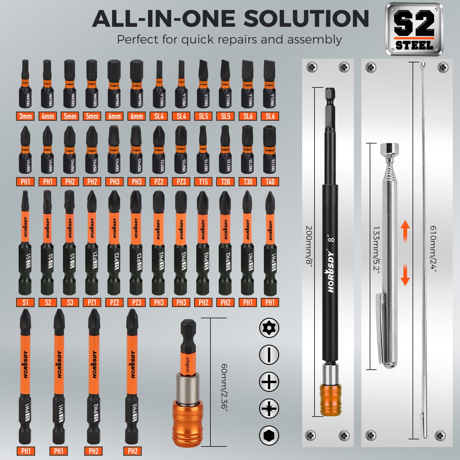 HORUSDY sockets and adapters laid out, demonstrating versatile size coverage