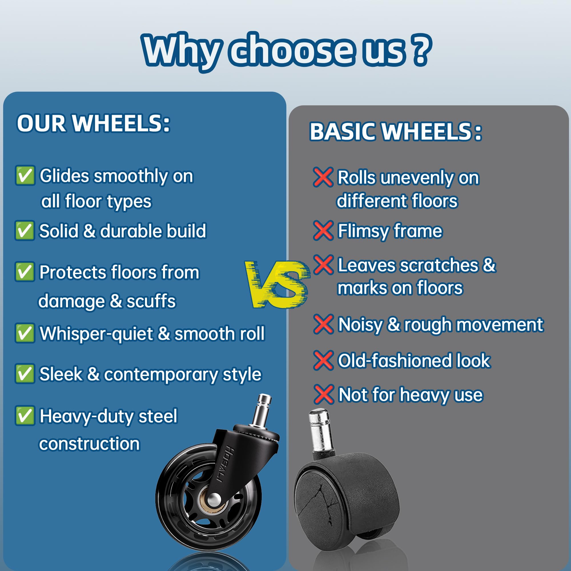 HOSALI casters installed on an office chair for improved mobility