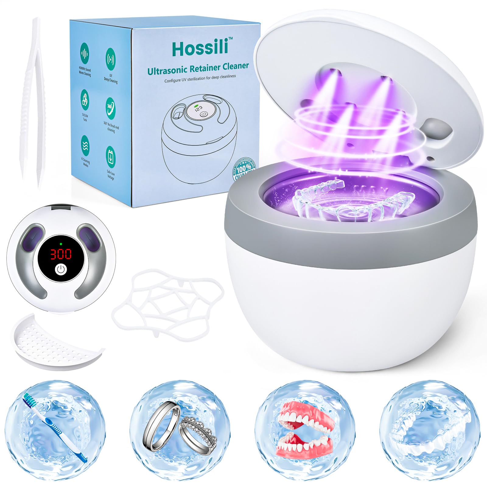 Hossili front view of white ultrasonic retainer cleaner showing compact design and easy placement