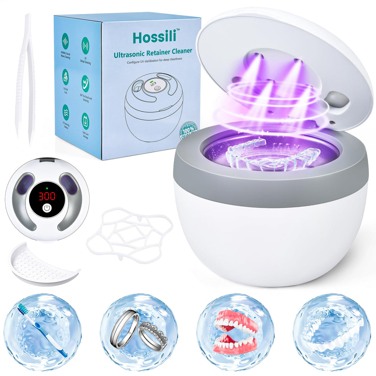 Hossili front view of white ultrasonic retainer cleaner showing compact design and easy placement
