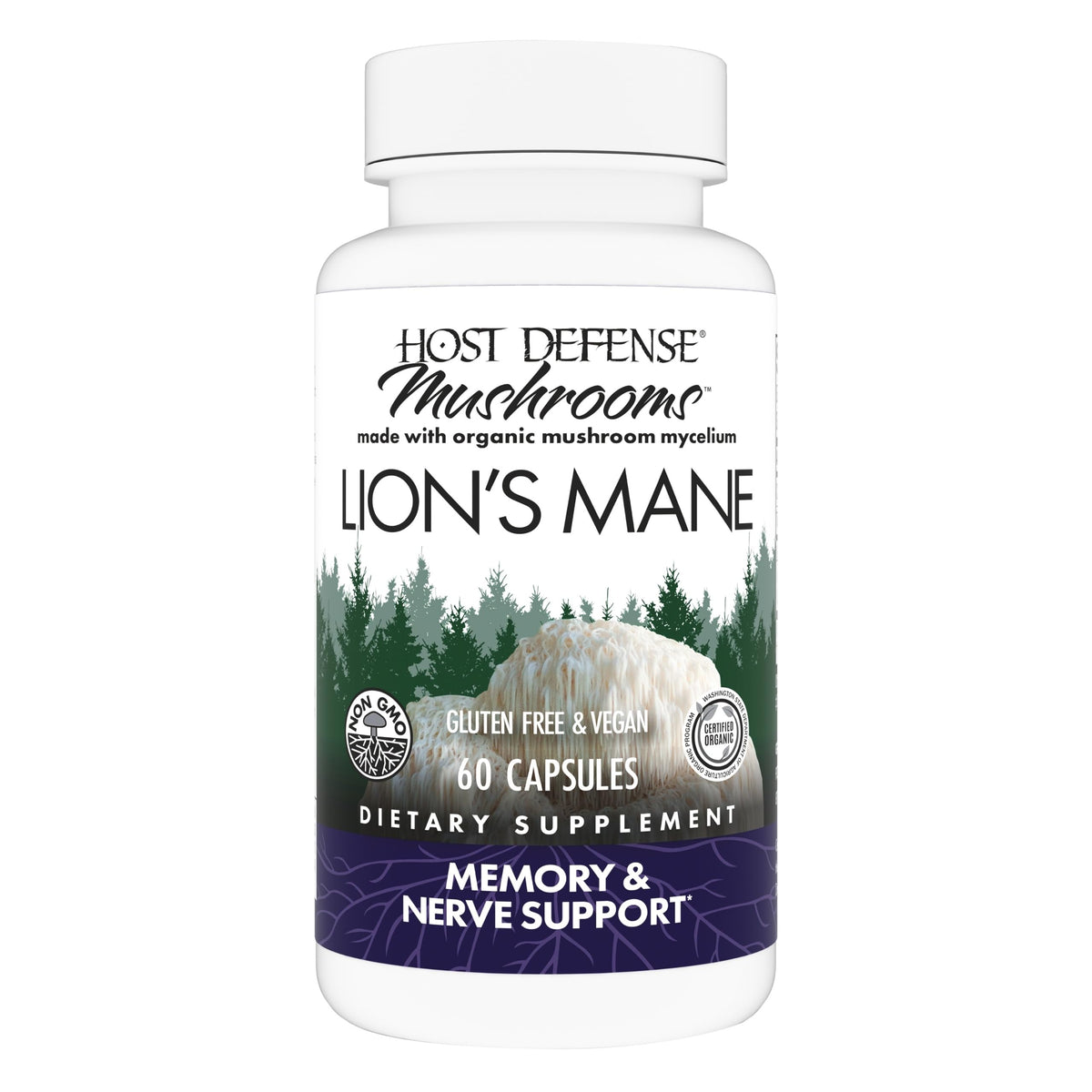 Host Defense front bottle view showing product and clear labeling for cognitive support